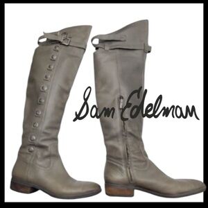 Sam Edelman Grey Leather Pull On Over Knee Stacked Heel Riding Boots (6.5M)